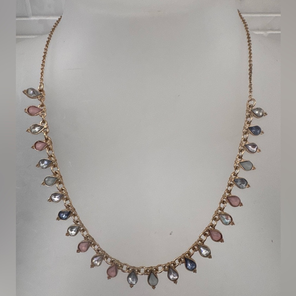 Vintage Teardrop Necklace Pastel Pink Blue Crystal GP Chain Liz Claiborne